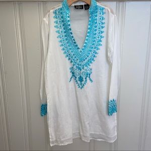 SOL White caftan with Turquoise Embroidery Boat Beach Tunic/Coverup